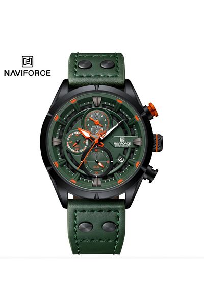 Naviforce Men's Chronograph Watch – 44mm Green Dial, Leather Strap, Quartz Movement, Water Resistant