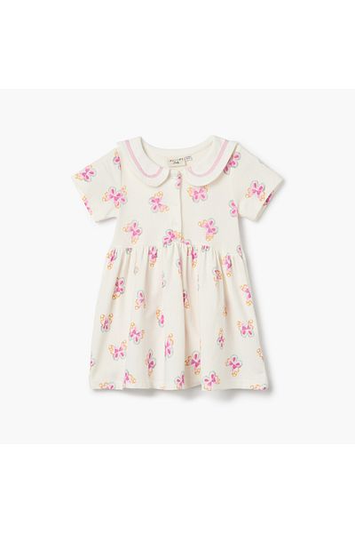 Juniors Butterfly Print Dress with Collared Neckline and Button Closure