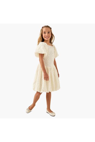 Juniors Embellished Balloon Dress with Square Neck