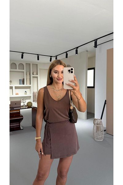 Sezgi Tekin Tie Detail Chocolate Modal Shorts Skirt