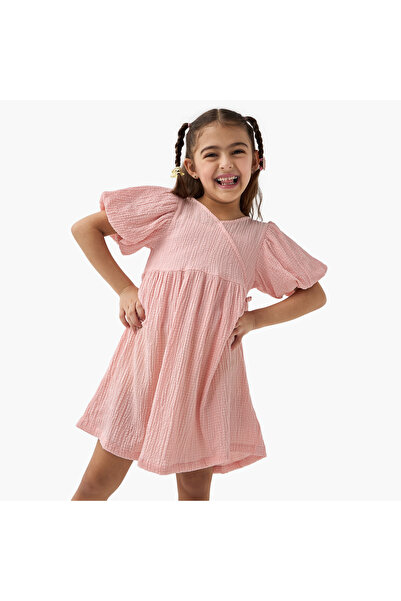 Juniors Textured A-line Dress with Puff Sleeves and V-neck