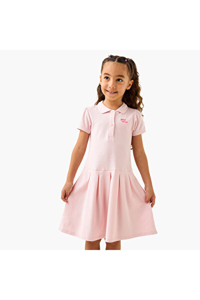 Juniors Slogan Applique Polo Dress with Short Sleeves