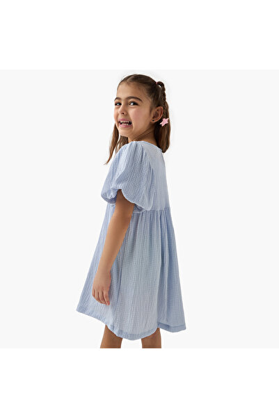 Juniors Textured A-line Dress with Puff Sleeves and V-neck