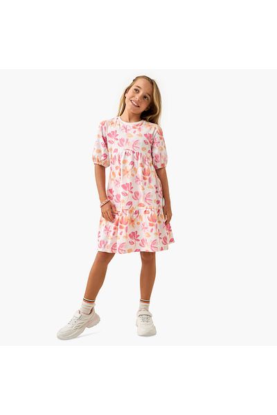 Juniors All-Over Floral Print Tiered Dress with Short Sleeves