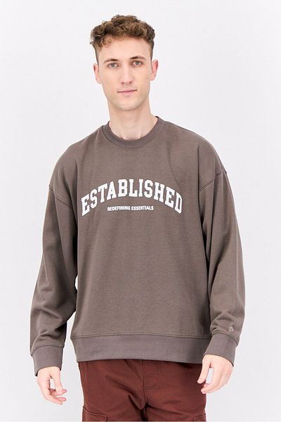 Established Redefining Essentials Men Crew Neck Long Sleeves Brand Logo Sweatshirt, Charcoal Grey