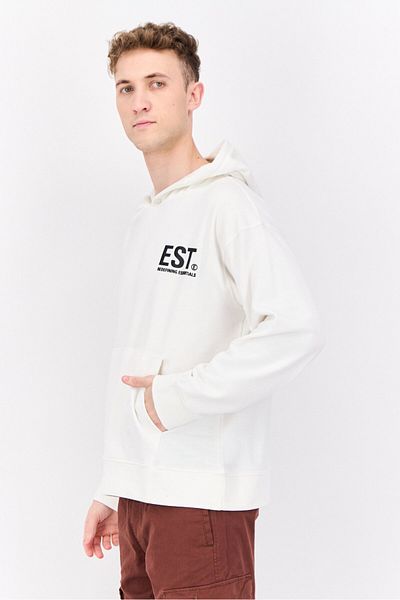 Established Redefining Essentials Men Hooded Brand Logo Long Sleeves Sweatshirt, Snow White
