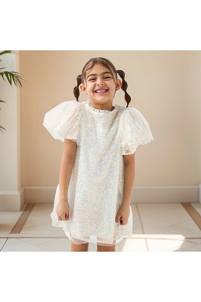 Juniors Embellished Dress with Ruffle Detail and Cap Sleeves