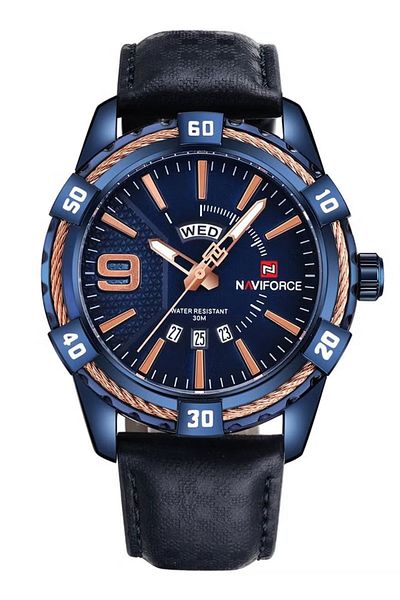 Naviforce Men's Analog Quartz Watch – Blue Dial, Leather Strap, Water Resistant , Diameter: 47mm