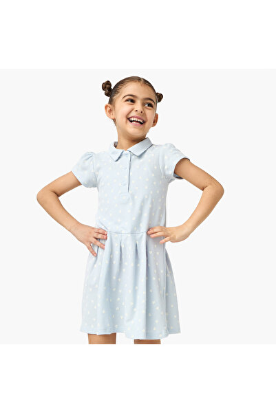 Juniors فستان بولو بطبعة قلب كاملة وأكمام قصيرة وأزرار للإغلاق
