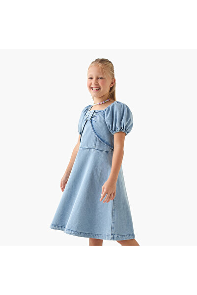 Juniors A-line Denim Dress with Puff Sleeves