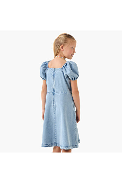Juniors A-line Denim Dress with Puff Sleeves