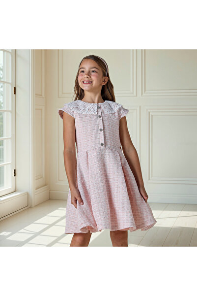 ELIGO فستان منقوش على شكل حرف A بأكمام قصيرة وتفاصيل من الدانتيل