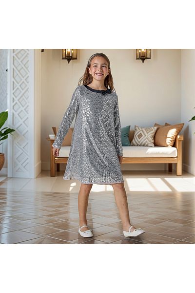 Juniors Sequinned A-line Dress with Long Sleeves and Bow Applique