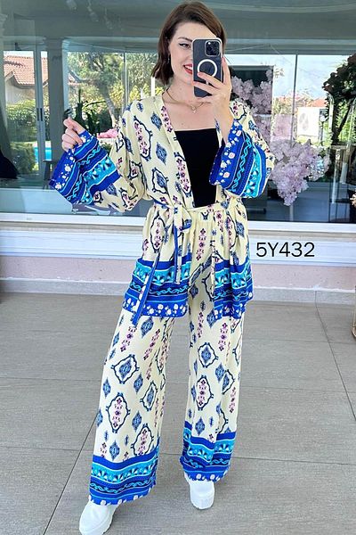 İnce Topuk Crop Kimono Viscose 3 Piece Set 5Y432
