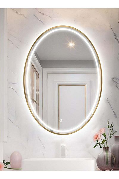 Taimi Oval Wall Mirror with Gold Aluminum Frame and Touch Front Light for Bathroom 60 x 40 cm