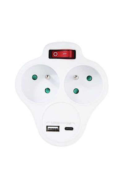 OEM Double socket adapter, 3680W, 16A, grounding, with USB-C and USB-A charging port, 5V, 2.4A, max 12W