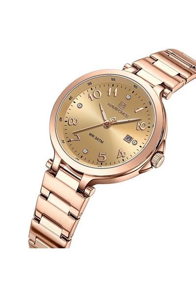 Naviforce Elegant Womens Quartz Watch with Gold Dial Rose Gold Stainless Steel Strap Analog Display