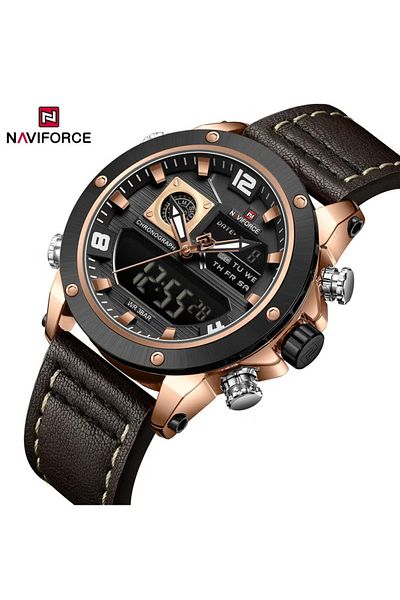 Naviforce Stylish Mens Dual Time Chronograph Watch with Black Dial Leather Strap Analog Digital Display