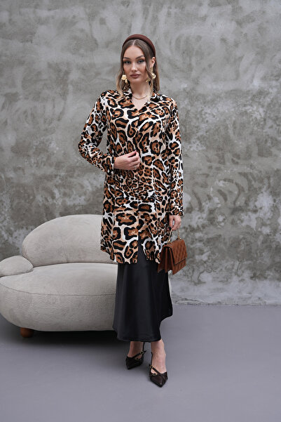 Polologin Butik Leopar Desenli Kemerli Gömlek Tunik