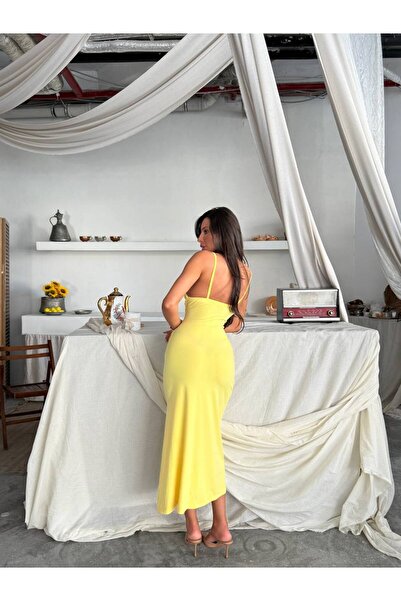 LB Laluna Butik Kadın Ince Askılı Yandan Yırtmaçlı Uzun Elbise Dökümlü Kumaş