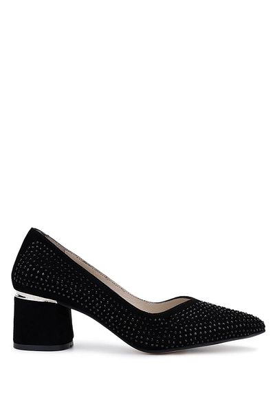 Tamer Tanca Women's Genuine Leather Black Suede Heeled Shoes
