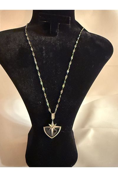 Mila Lumiere Black Enamel Polar Star Detailed Zircon Stone Shield Charm Silver Silver Color Steel Necklace