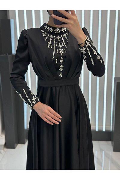 MERETTO By Akıl 1. Grade Imported Satin Judge Collar Mobile Belt Stone Processing Evening Dress