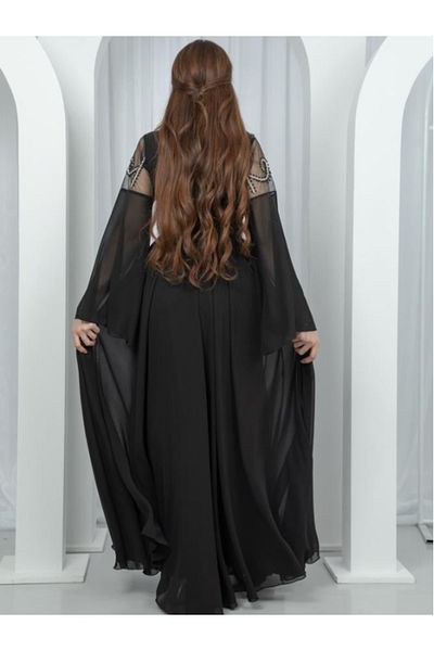 Nice Model Black Chiffon Evening Gown Royal Embroidery Sheer Sleeves Formal Wedding Guest Maxi Dress 155cm
