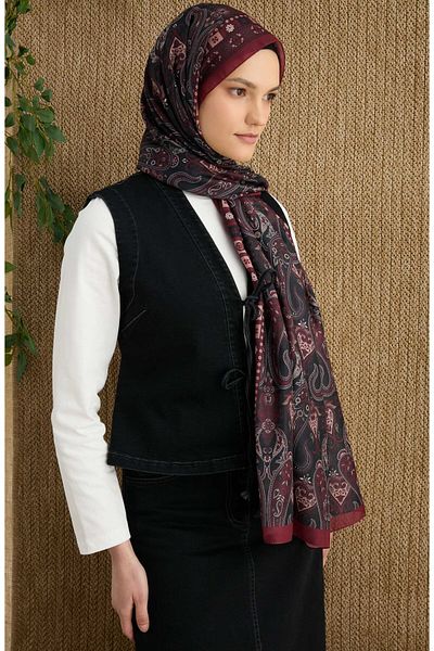 Fatma Atasoy Rosalie Burgundy Ethnic Pattern Shawl