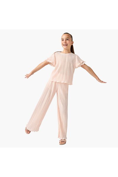 Juniors Pleated Top and Wide Leg Pants Set