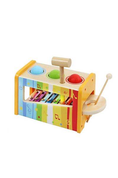 SMARTIC Wooden set consisting of a tambourine with a mallet, a stick, three balls and a storage box, Multicolor