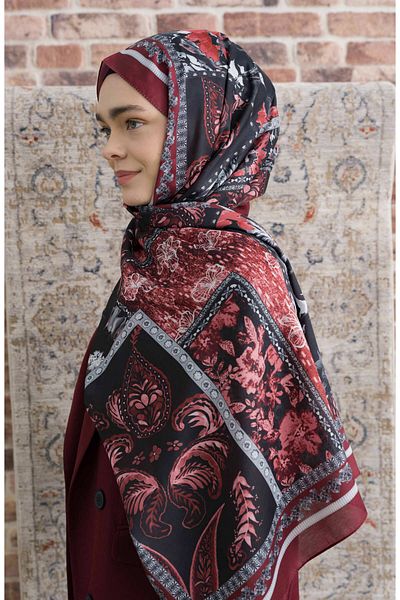 Fatma Atasoy Hibisca Black Burgundy Ethnic Patterned Shawl
