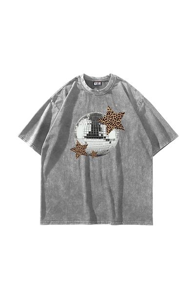 Sekizbiraltı Λεοπάρντο ντίσκο με στάμπα Oversize Unisex πλενόμενο λευκό μπλουζάκι