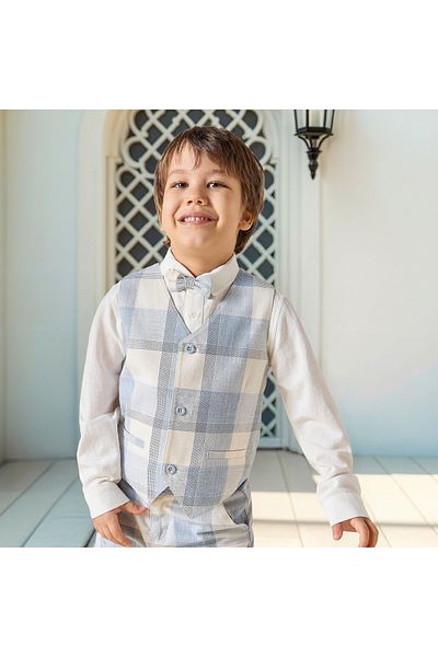 Juniors Solid Shirt with Checked Waistcoat, Bow and Shorts