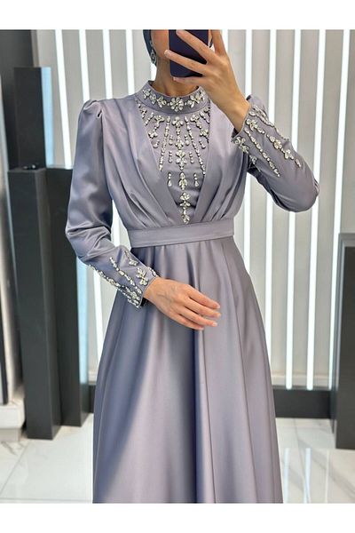 MERETTO By Akıl 1. Grade Imported Satin Judge Collar Mobile Belt Stone Processing Evening Dress