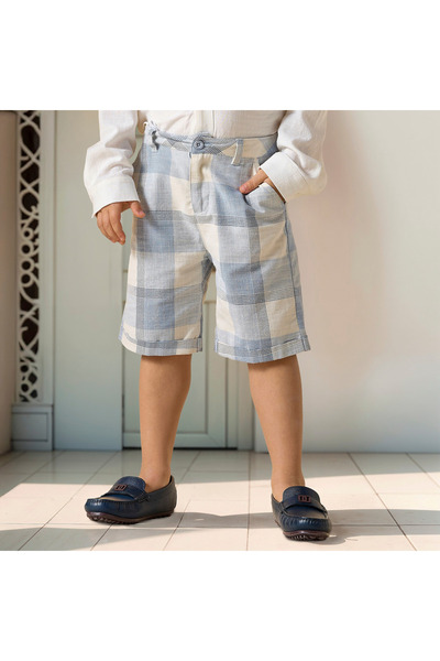 Juniors Solid Shirt with Checked Waistcoat, Bow and Shorts