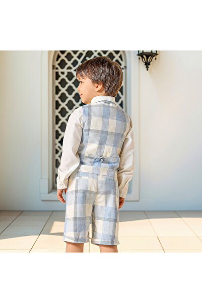 Juniors Solid Shirt with Checked Waistcoat, Bow and Shorts