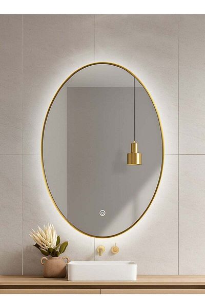 Taimi Oval Wall Mirror with Gold Aluminum Frame and Touch Backlit for Bathroom 60 x 40 cm