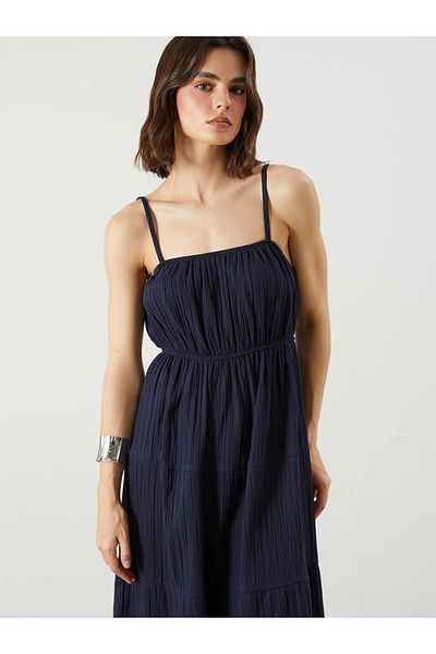 LC Waikiki Lcw Vision Navy Blue U-Neck Gathered A-Line Muslin Dress