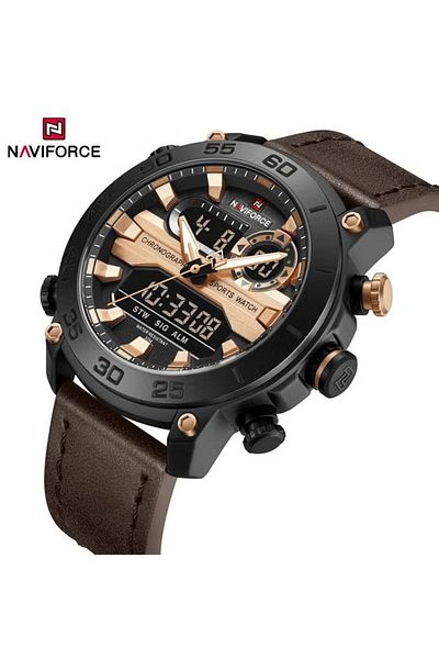 Naviforce Sport Analog-Digital Wrist Watch for Men with Leather Strap Water Resistant Chronograph
