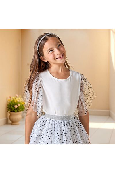 Juniors Polka Dot Print Ruffle Sleeves Top and Tiered Skirt Set