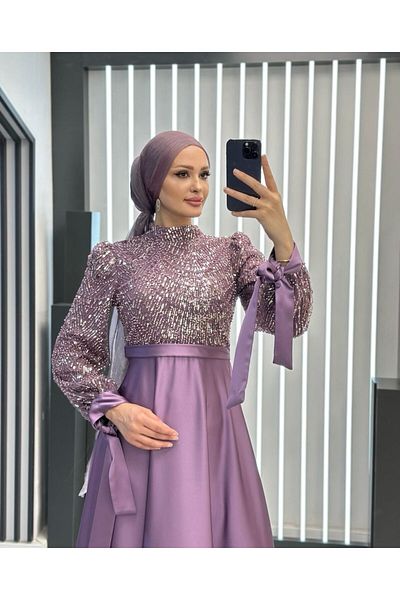 MERETTO By Akıl Βραδινό φόρεμα Hijab με σατέν επένδυση με εισαγόμενες χάντρες με κορδόνια με γιακά