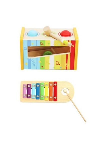 SMARTIC Wooden set consisting of a tambourine with a mallet, a stick, three balls and a storage box, Multicolor