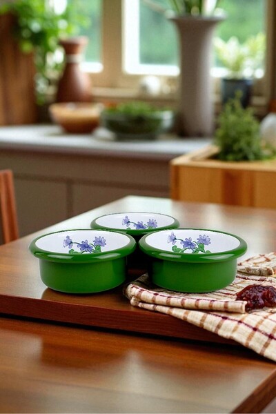İnci Emaye 3 Piece 10cm Enamel Vertical Plate Set, Breakfast Plate, Jam Bowl, Olive, Cheese Plate, Dowry, Gift