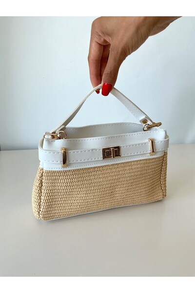 yako Straw Women's Mini Lock Detailed Cross Strap Hand and Shoulder Bag