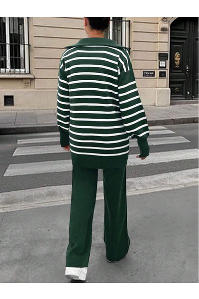 STF MODA Women's Green (Emerald) Trucker Collar Striped Knitwear Set