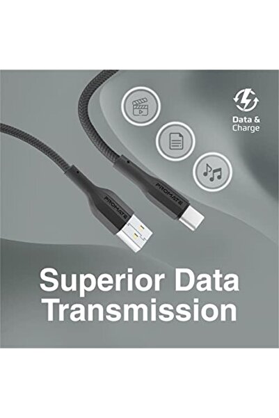 Promate كابل USB إلى USB-C، كابل شحن متين من السيليكون من النوع C مع شحن سريع 2 أمبير