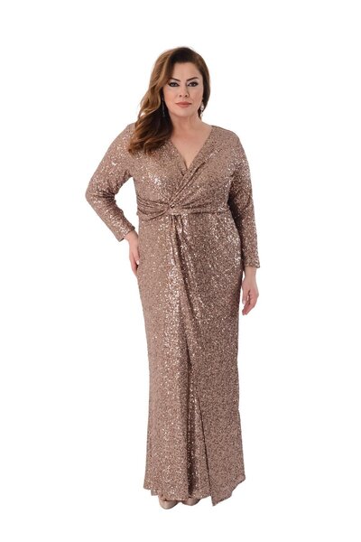 LİLAS XXL 2507 Büyük Beden Önü Geçmeli Vyaka Pulpayet Uzun Elbise