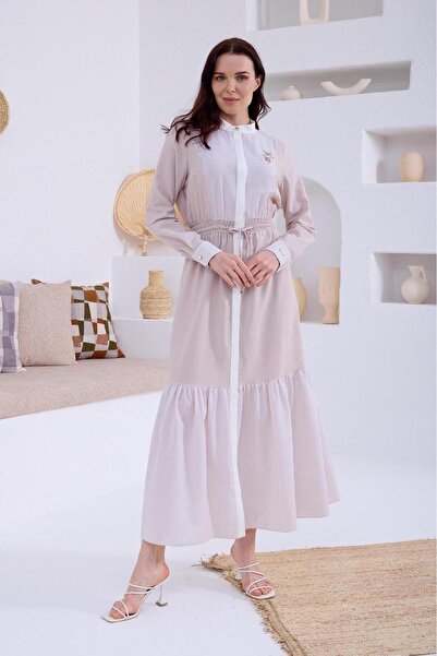 Moodbasic Accessory Detailed Striped Dress Mb06.166 - Beige