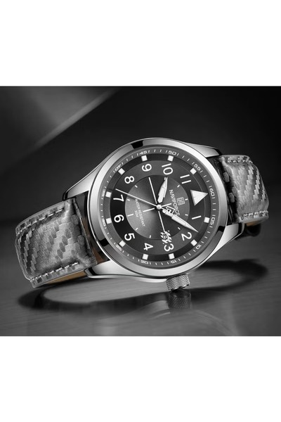 Naviforce Men's Analog Quartz Watch – 44mm Grey Dial, Leather Strap, 30M Water Resistant